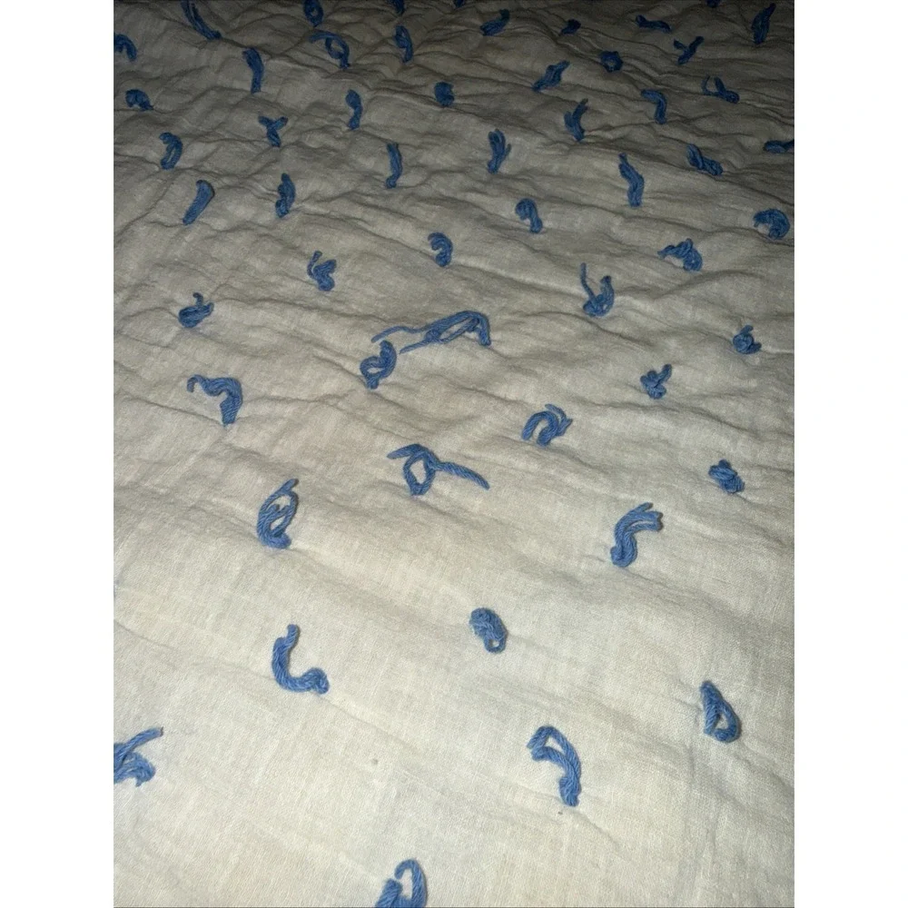 Vintage Cream W Blue Ties Quilt Blanket 68X65 In Significant Stain Areas Hole
